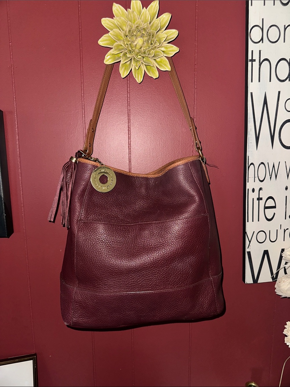 Isaac Mizrahi Burgundy Leather Hobo with Tan Strap and Tassel
